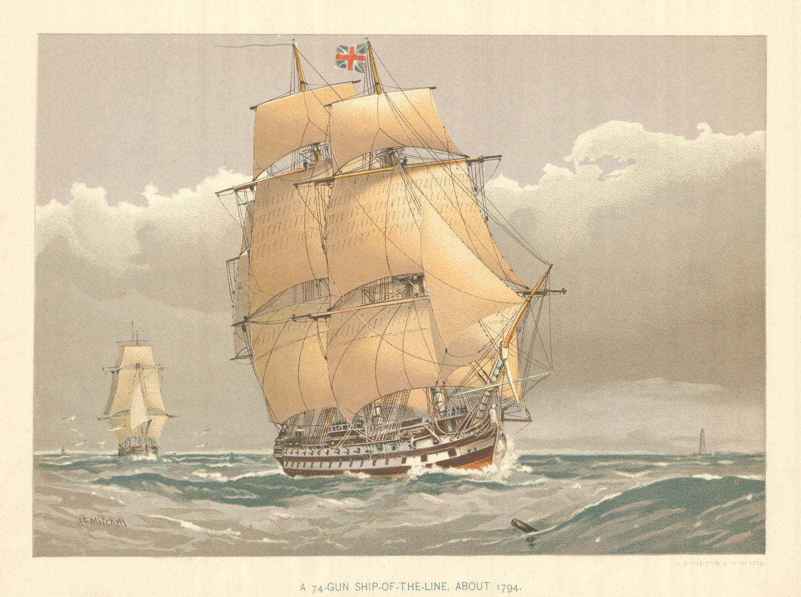 A 74-Gun Ship-of-the-Line about 1794 by W.F. Mitchell. Royal Navy 1893 print